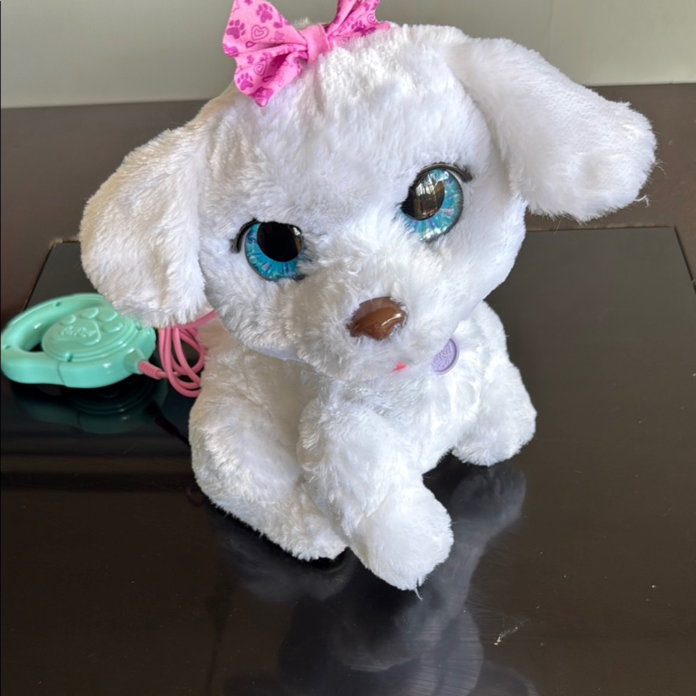 Interactive White Plush Dog Toy with Pink Bow